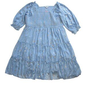 NWT Ivy City Co Starry Nights Midi Baby Blue Gold Smocked Puff Sleeve Dress 5X